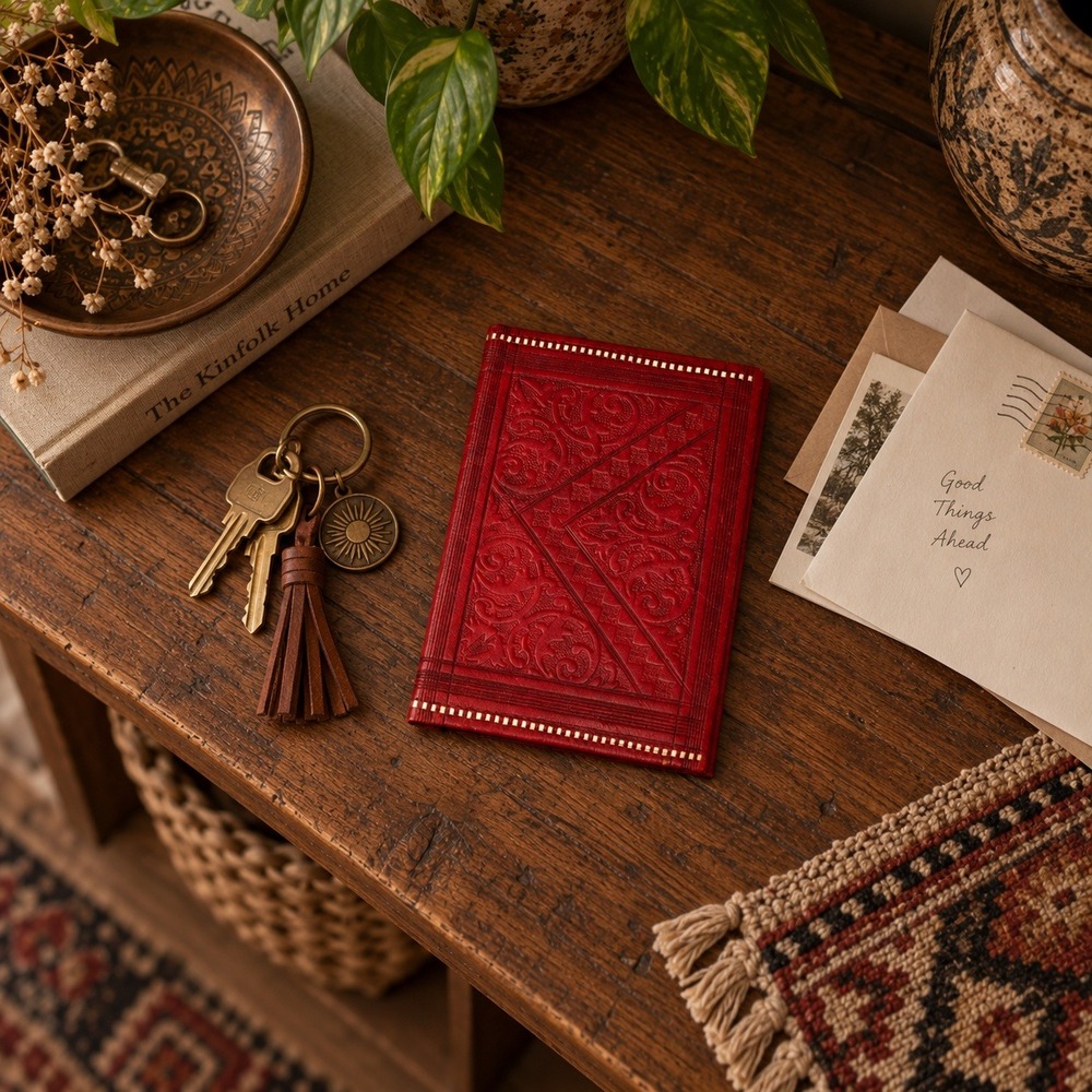 Vtg Artisan Hand Tooled Red Wallet Embossed Moroccan Leather Floral Boho
